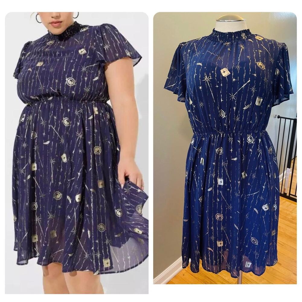 Torrid 2 (2X) Harry Potter Wand Symbols Chiffon Mock Neck Navy Blue Dress New